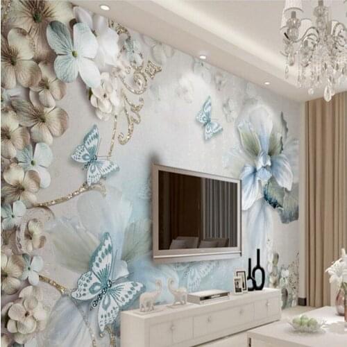 Beibehang Large custom wallpaper beautiful 3d 3d Mediterranean flowers butterfly jewelry TV background wall painting