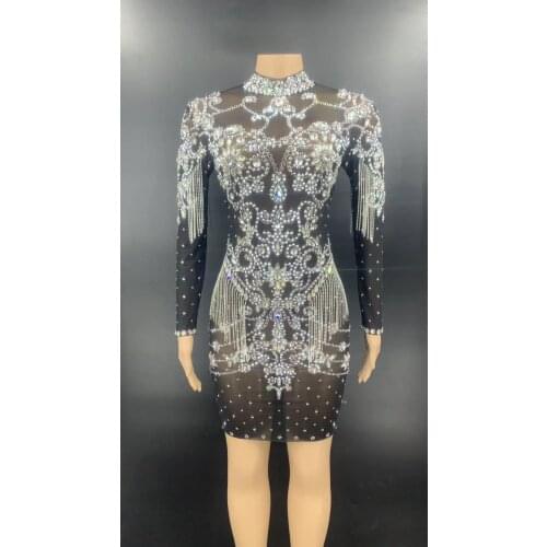 Sparkly Silver Rhinestones Chains Short Dress Long Sleeve Evening Birthday Party Dress Female Singer Sexy Transparent Stage Wear
