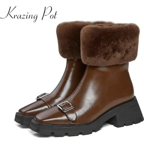 Krazing Pot cow leather western boots fur decoration round toe winter zip keep warm silver buckle thick high heels ankle boots