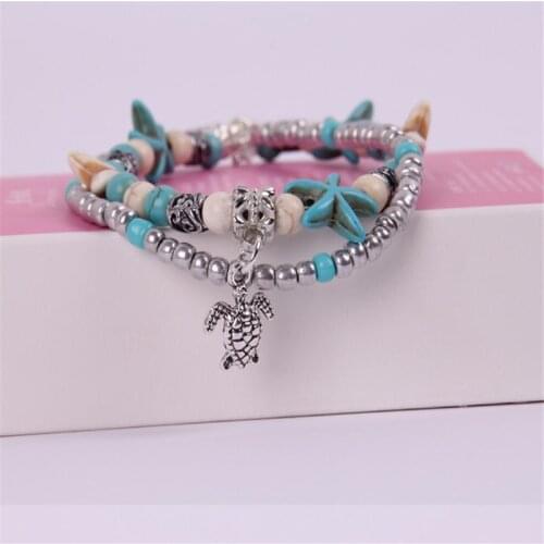 Bohemian shell rice beads starfish retro chain Ankle Bracelet 2-layer Bracelet Adjustable chain foot beach Bracelet