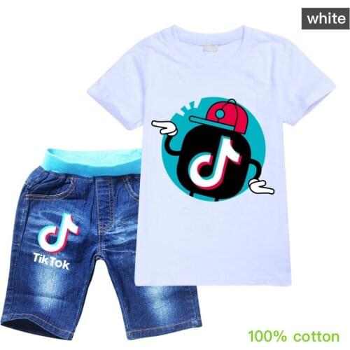 2021 Summer Teenagers Tracksuit Cotton Kids Set Boy Toddler Cute T-Shirts + Denim Shorts 2pcs Suit Children Clothes 2-16Year