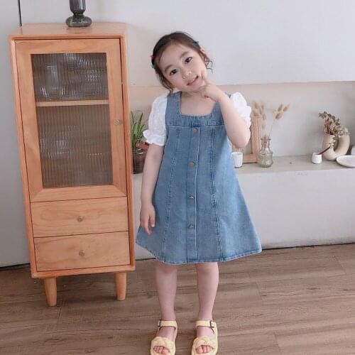Button Decoration Denim Dress for Kids 2021 Square Collar Summer Clothing Short Sleeve A-Line Dress Knee-Length Girls Dress