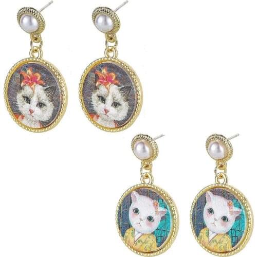 Kawaii Printing Metal Cabochon Cat Alloy Drop Earring Cute Animals Earrings Pendant Trendy Jewelry