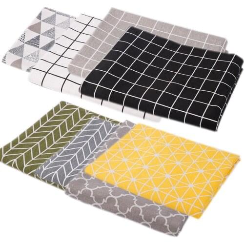 8pcs Printed Classical Plaids Yellow Linen Cotton Craft Fabric Bundle Patchwork DIY Sewing Quilting Handwork Cloth For Cushion