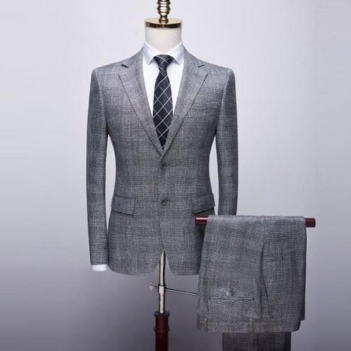 2021 Mens Business Suits Formal Tuxedo Social Suits Mens Casacas Hombre Azul Terno Preto Slim Fit Gray Retro Plaid Suits Mens