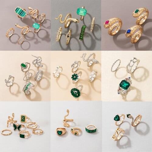 Docona Luxury Green Crystal Snake Rings for Women Bohe Heart Flower Butterfly Cute Ring Set Female 2021 Fashion Jewelry кольц