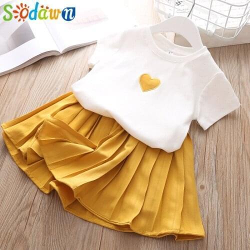 Sodawn Kids Clothes Girls Sets Love Tops+Pleated Student Skirt Set Baby Girl Clothes Summer Kid Suit