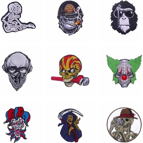 Rock Punk Skull Iron Embroidered Patches For Clothing Clown Accessories Applique For Jacket Clothes Decor Heat-Adhesive Patches