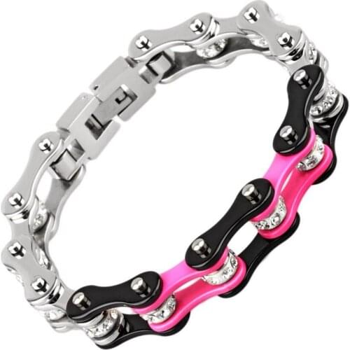Fashion Black & Pink Candy Color Cuff Bracelets Stainless Steel Crystal Bicycle Chain Bracelet Bike Chain Jewellery for Girls