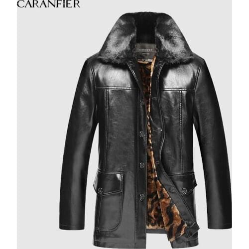 CARANFIER 2019 Mens Jacket Winter Plus Velvet Thick Jacket Male Middle-aged Leather Mens Fur Collar Detachable Men Clothing 4XL