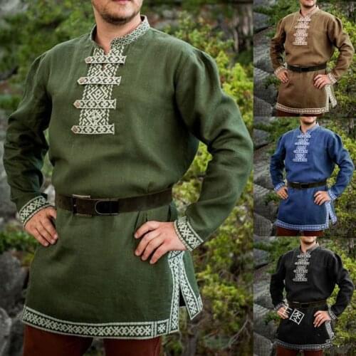 Medieval Viking Tops Mens Shirt Tunic Long Sleeve Robe Grown Medieval Renaissance Cosplay Male Stage Costumes with belt M-XXXL