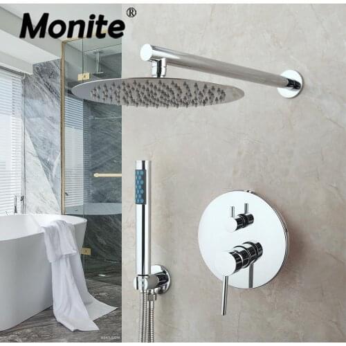 Monite 8 Inch Chrome Polished Round Modern Rainfall Wall Mounted Bathroom Shower Faucet Sets Shower Head & Hand Shower Set