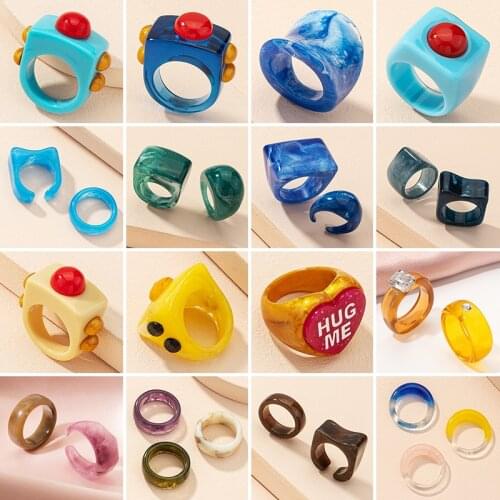 VIVILADY INS Resin Ring Set Vintage Transparent Colorful Irregular Geometry Acrylic Charm Rhinestone Heart Chic Female New Party