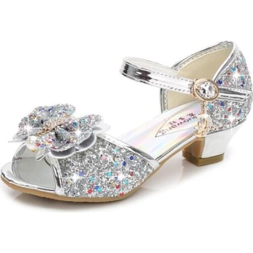 New Girls High Heel Sandals Diamond Party Shoes Buckle Big Teenage Girl Heeled Pumps With Bow Show Crystal Heels Kids
