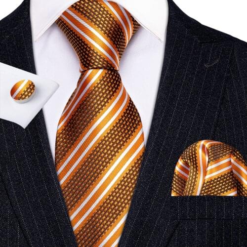 New Fashion Luxury Gold Striped 100% Silk Ties Gifts For Men Wedding Barry.Wang NeckTies Hanky Sets For Groom Business LN-5312