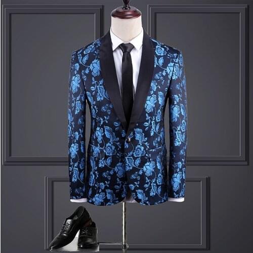 New Fashion Male Blazer Floral Printing Groom Wedding Dress Party Club Host Mens Blazer Suits Elegent Big Size Blue