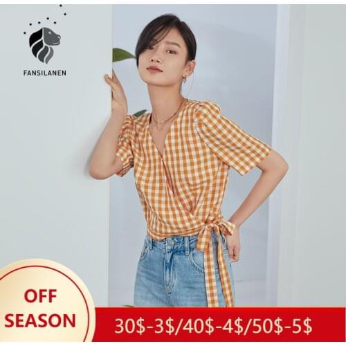 FANSILANEN Office Lady Orange Plaid Shirt Women V-neck Puff Sleeve French Short Top Female New Style Summer 2021 Ladies Tops