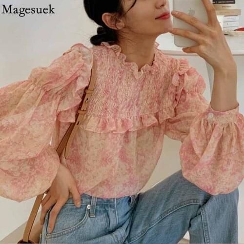 Women Stand Collar Print Casual Chiffon Shirts Loose Vintage Pleated Ruffle Blouses for Women Long Sleeve Korean Slim Tops 16465