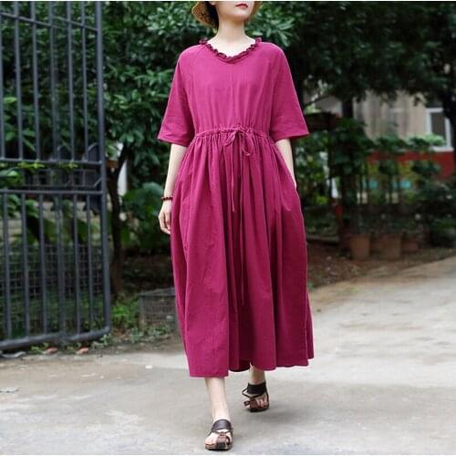 QPFJQD Ladies Retro Bandage Dresses V-Neck Half Sleeve New Summer Autumn Women Chinese Style Soft Dress Solid Color