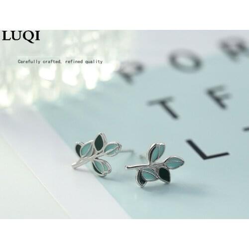 Fashion Womens S925 Silver Fresh Green Leaf Branch Epoxy Personalized Earrings 292