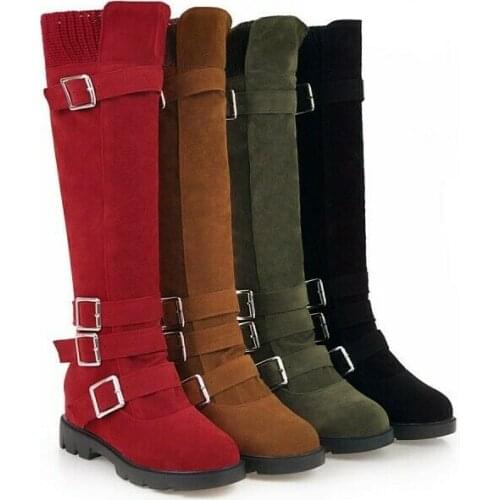 Women Warm Chunky Low Heel Buckle Fabric Side Zip Knee High Riding Boots