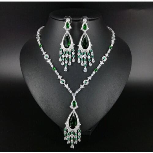 2020 new fashion luxury elegant retro green tassel CZ necklace earring set,wedding bride dinner party formal jewelry free ship