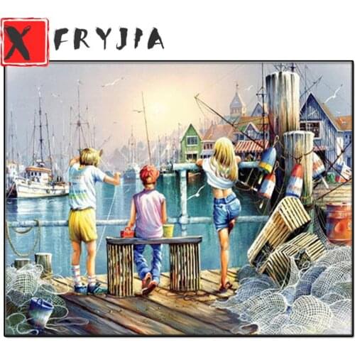 5d diamond painting Cartoon fishing boat port boy and girl diy full square round diamond mosaic DIY rhinestone painting home art