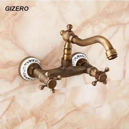Antique Basin Faucet Mixer Taps Wall Mounted Hot and Cold Water Bathroom Basin Sink Taps Dual Handle Ceramic Base ZR205