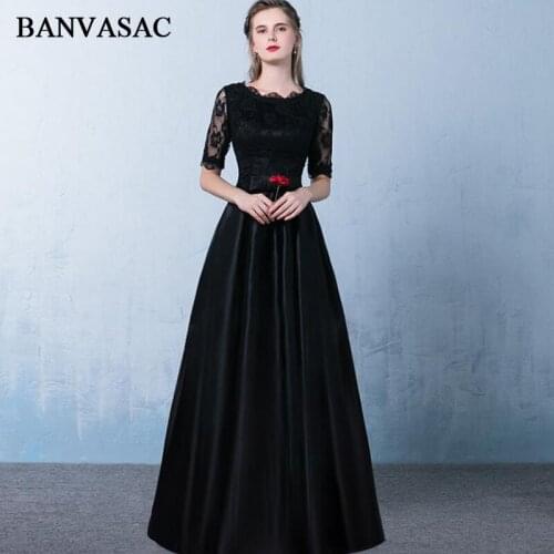 BANVASAC Lace O Neck Bow Sash 2018 A Line Long Evening Dresses Party Illusion Embroidery Half Sleeve Prom Gowns
