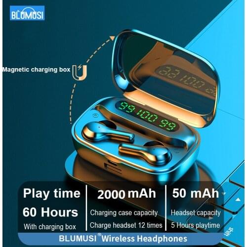 Bluetooth 5.0 Wireless Headphones Earphones TWS Hifi Headset Bass Earbud with Power Display Touch Control 2000 mAH Power Bank