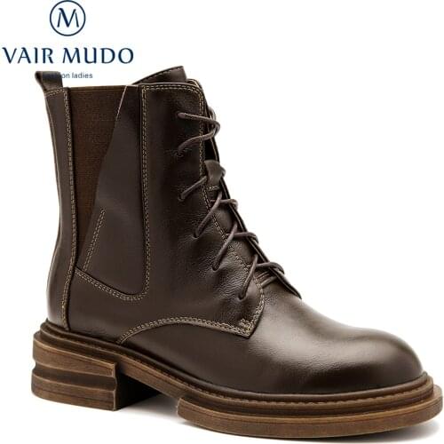 VAIR MUDO Ankle Boots Shoes New Trend Black Brown Round Toe Thick Bottom Lace Up Genuine Leather Concise Solid Sewing DX183-C