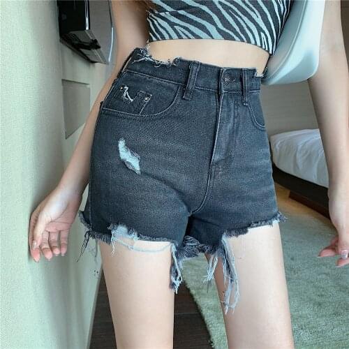 Hole Wide-Legged Black Capris Korean Style Fashion WomenS Clothing 2021 Casual Denim High Waist Shorts Female Jeans Harajuku