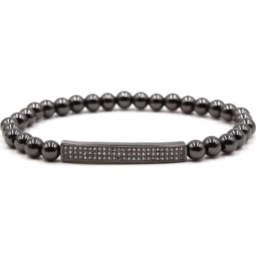 Classic 6mm 4 color Hematite stone bead Bracelets Pave CZ rectangle bracelet for Men&Women charm Handmade fashion Jewelry Bijoux