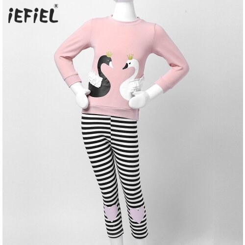 2Pc Girls Clothes Set Long Sleeve Black White Swan Print Top T-Shirt with Elastic Stripes Pant Spring Autumn Childrens Clothing