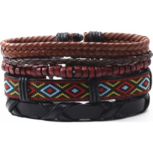 Brown Wood Bead Braided Rope Ethnic Multilayer Leather Men Bracelets Set Women Vintage Bangle Male Homme Men Jewelry Accessories
