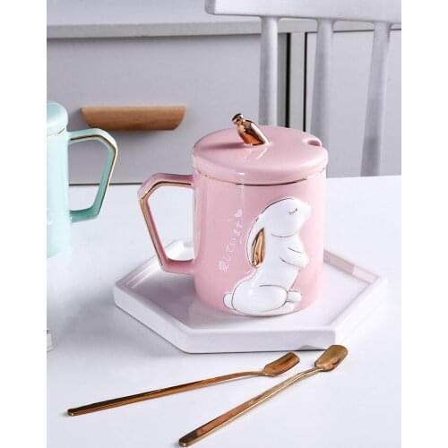 Cute Rabbit Mug Coffee Cup Ceramic Cartoon Porcelain Water Mug Milk Tea Cup with Lid Spoon Animal Mug Nice Gifts for Gril