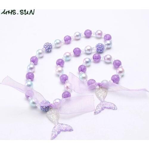 MHS.SUN Cute Baby Girls Chunky Beads Necklace Bracelets Jewelry Set Fashion Mermaid Tail Pendanst Chunky Jewelry For Child Kids