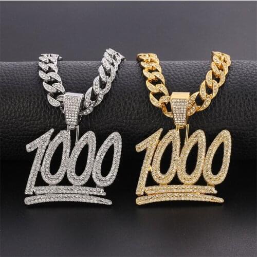Men Hip Hop 1000 Number Pendant Necklace with Miami Cuban Chain Iced Out Bling HipHop Necklaces Male Fashion Jewelry