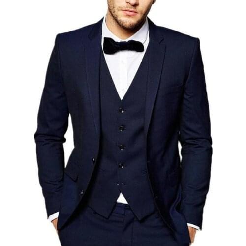 Classic Design Navy Blue Groom Suit Notch Lapel Two Button Groomsmen Mens Wedding Dress Excellent Men Suits(Jacket+Pants+Vest