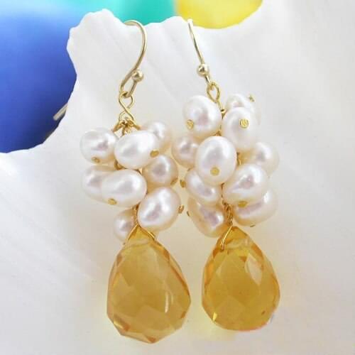 New Arrival Favorite Pearl Earring White Real Pearl Dangle Citrine Drip Faceted Earrings Charming Lady Gift Wedding Fine Jewelry