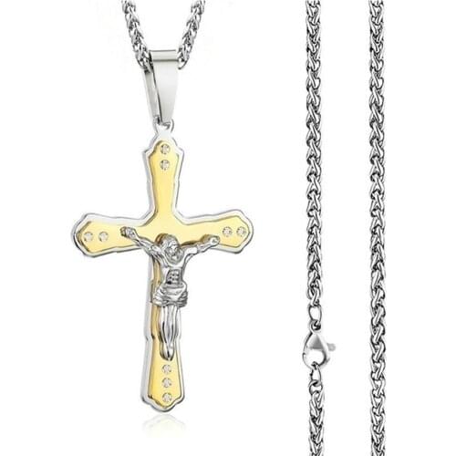 Jesus Cross Necklace Black Mens Fashion Jewelry Gift Inlaid Pendant Necklace Accessories Religious Faith Rhinestone Decoration