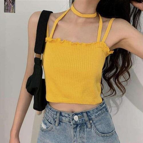 Sexy Lady Summer Crop Tops Knitted Vest Halter All-matched Soft Women Suspender Sexy Sleeveless Vest for Date Korean Tee Shirt