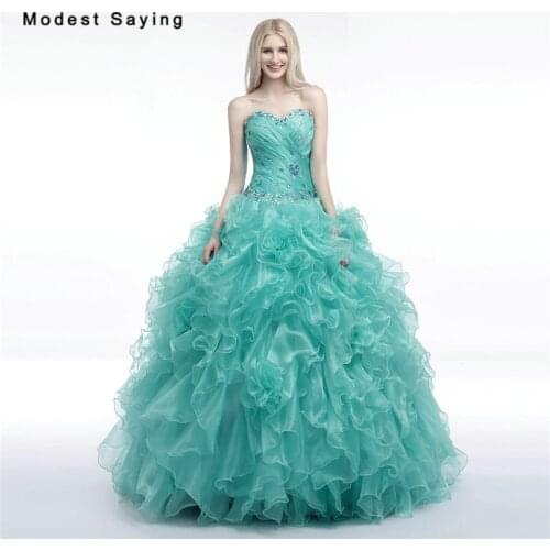 Luxury Turquoise Ball Gown Quinceanera Dresses 2017 with Crystal and Ruffled Skirt Girls Long Party Prom Gowns debutante gowns