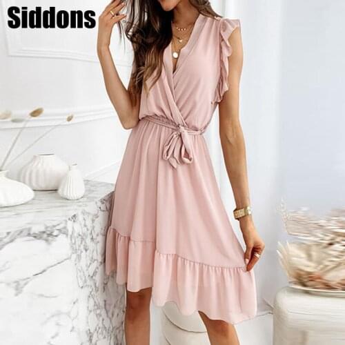 Casual V-Neck Tie-up Party Dress Solid Sleeveless Loose A-Line Dress Elegant Ruffle Women Beach Dress Vestidos