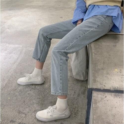 Light color jeans womens straight chic spring 2021 new high waist slim Capris student pipe pants