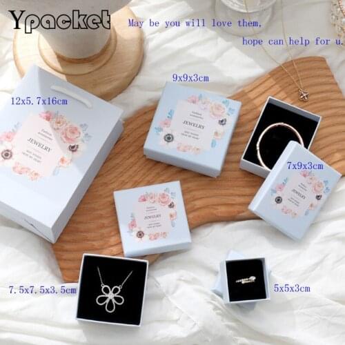 Light Blue Square Jewelry Organizer Box Ring Box With Flowers Print Necklace Pendant Earring Display Case Wedding Gift Box 30pcs