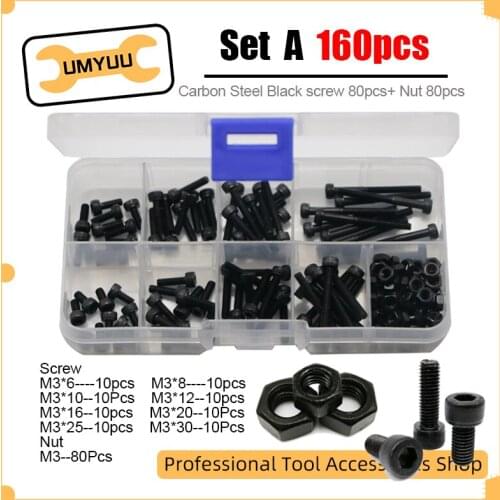 UMYUU 160Pcs/set Hex Hexagon Socket Head Cap Screw Nut 12.9 Grade Carbon Steel Black M3 Screw Set Bolt And Nut Assortment Kit