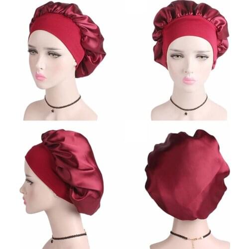 58cm Solid Color Silk Bonnet Long Hair Care Women Hat Satin Bonnet Cap Night Sleep Hat Head Wrap Adjust Shower Caps Chemo Cap 36