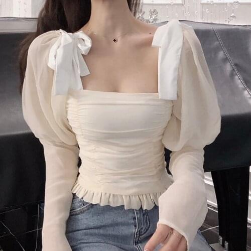 Chic Puff Sleeve Bandage Square Neck Slim Blouse Top For Women Spring Aautumn Ladies Streetwear Ruched Ruffle Blouse Shirt