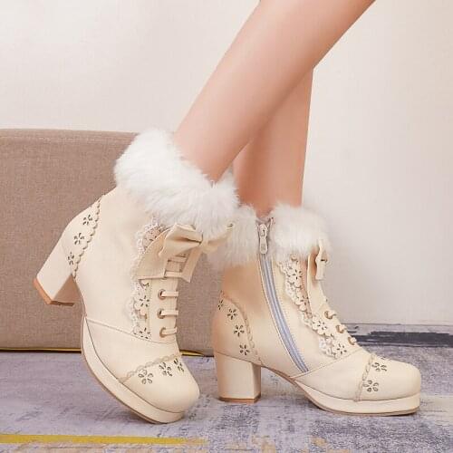 2021 Women Boots Sweet Female Single Shoes Roune Toe Ankle Boots Fur High Heels Fur Girls Cosplay Shoes Japanese Style